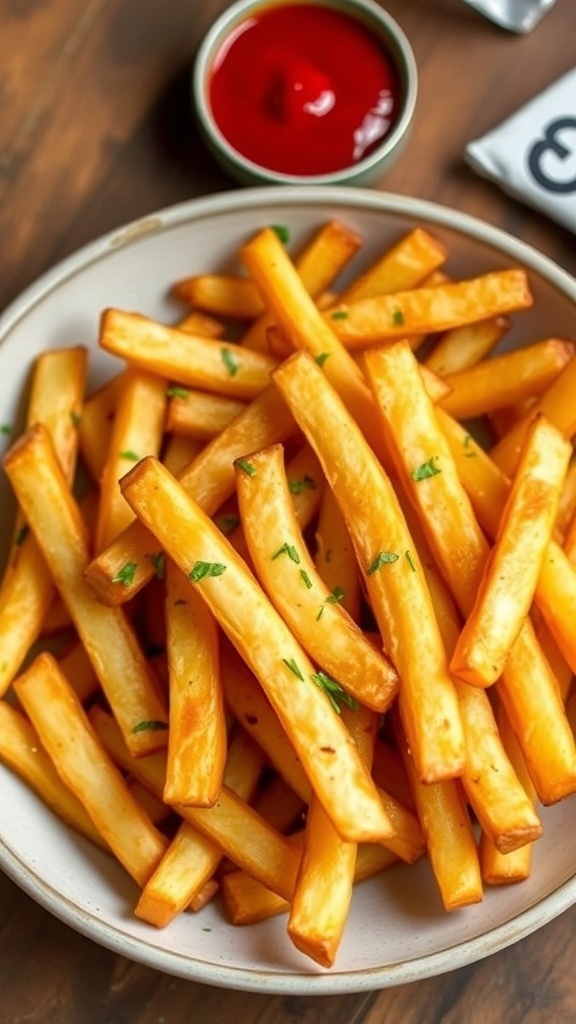 Crispy Air Fryer House Cut Fries Recipe A bowl of crispy house cut fries garnished with herbs and served with ketchup on a wooden table.